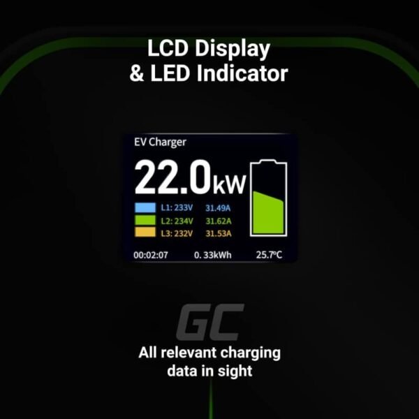 Green Cell Wallbox 22kW med Display & Type 2 stik, RFID