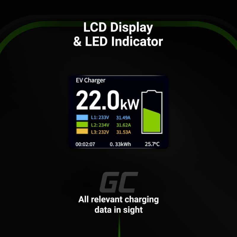 Green Cell Wallbox 22kW med Display & Type 2 stik, RFID - Image 3