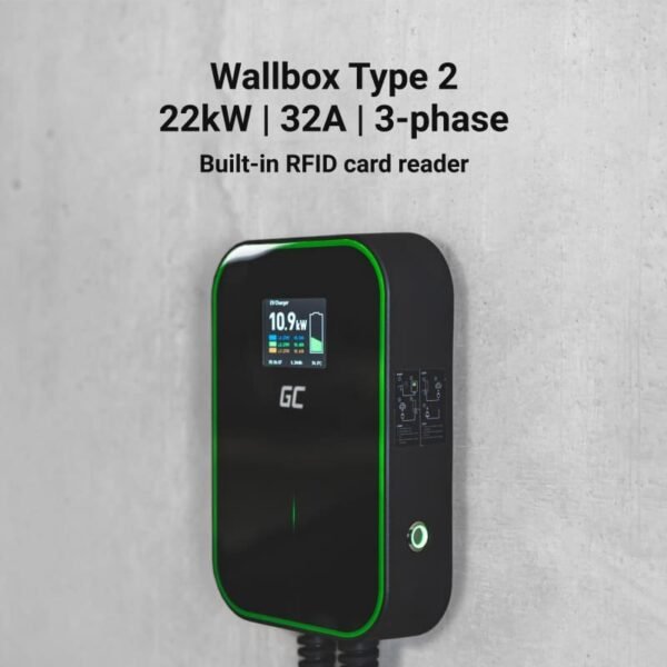 Green Cell Wallbox 22kW med Display & Type 2 stik, RFID